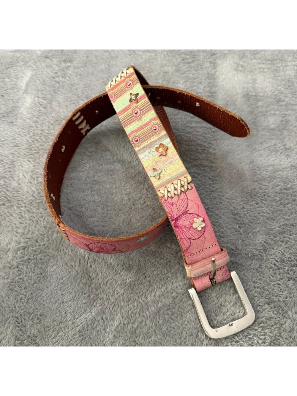 Vintage 90s Y2K Fossil Leather Belt SMALL Brown Pink Turquoise Patchwork